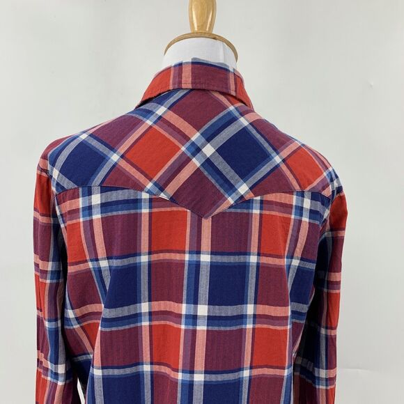 Stetson Shirt Womens M Medium Red Blue Plaid Pearl Snap Buttons Western Pockets - Picture 6 of 11